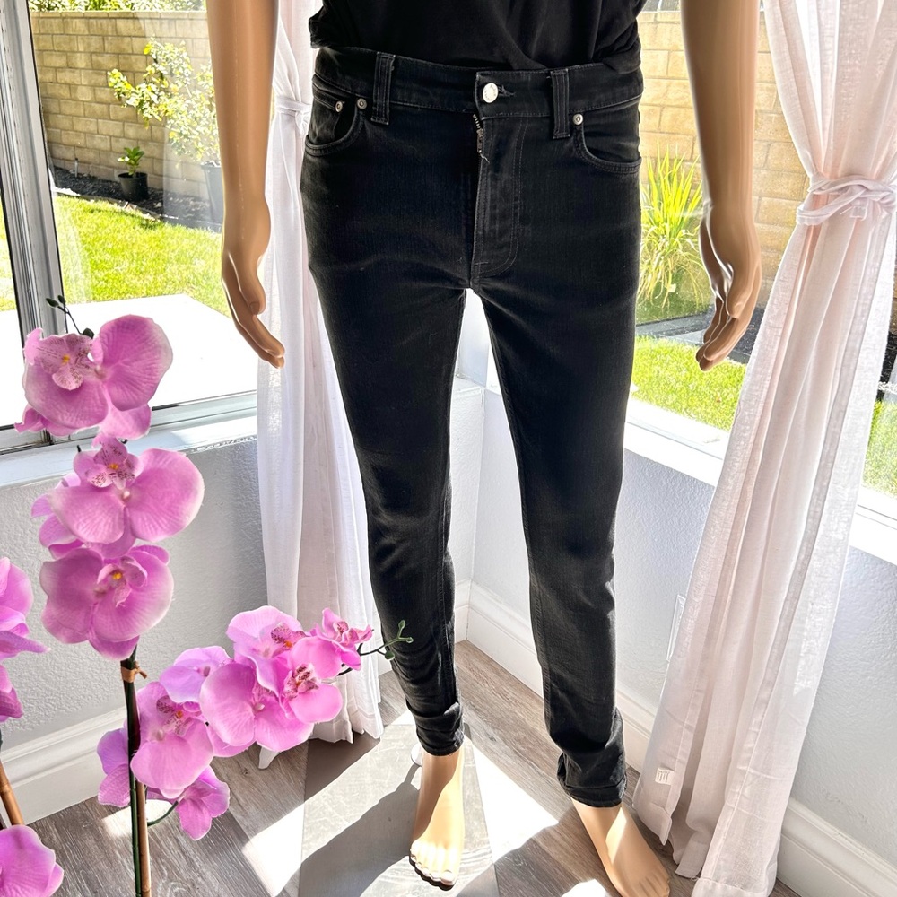 NUDIE Slim Dry Black Coated Jeans Men's W32/L34 Faded Zip Fly Organic Cotton